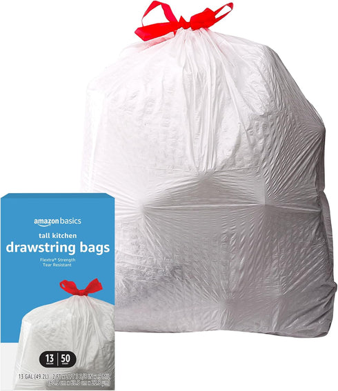 Amazon Basics Flextra Tall Kitchen Drawstring Trash Bags, 13 Gallon, Unscented, 50 Count