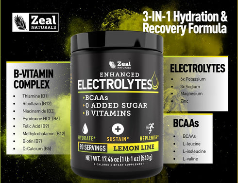 Enhanced Electrolyte Powder (Lemon Lime | 90ct.) with 0 Sugar, BCAAs, B-Vitamins, Potassium, Zinc & Magnesium for