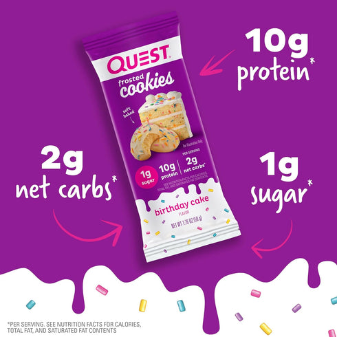 Quest Nutrition Frosted Cookies Twin Pack, Birthday Cake, 1g Sugar, 10g Protein, 2g Net Carbs, Gluten Free, 8 Count