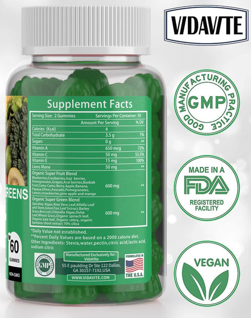 Sugar-Free Fruit and Veggie Gummies - 35+ Greens, Fruit & Vegetable Vitamins for Immunity, 60 Gummies