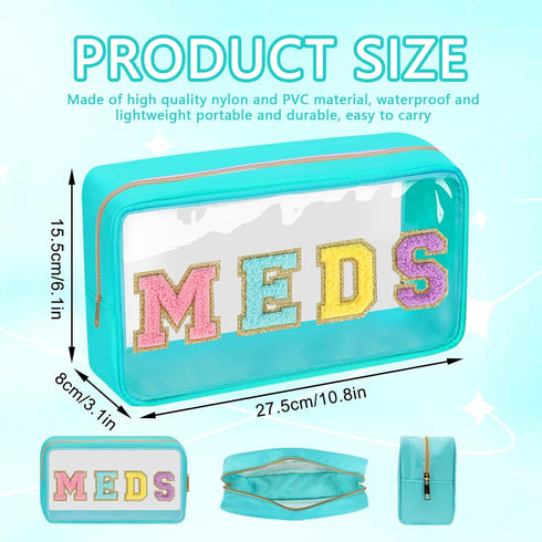 Clear Letter Patch Medicine Bag Drugs Pouch with Zipper, Travel Portable Cosmetic Makeup Bag for Women Girls, Waterproof Nylon PVC Toiletry Meds Storage Case Chenille Letter Stadium Bag(Green, MEDS)