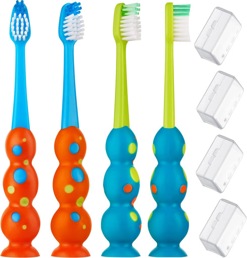 Kids Toothbrush 4 Pack, Soft Contoured Bristles, Child Sized Brush Heads with Suction Cup for Easy Storage