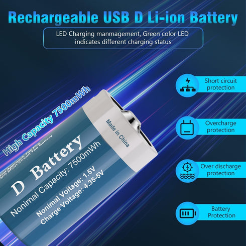 TOPUSSE 4 Pack, 1.5V 7500mWh Rechargeable D Batteries Long-Lasting Lithium D Size Battery with USB Charging Cable