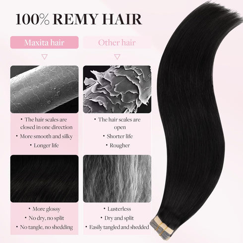 Tape in Hair Extensions Human Hair | 1B Natural Black 14 Inch 25g 10pcs Thick Ends Remy Seamless Extensions
