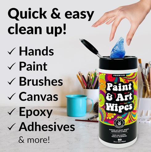 Paint & Art Wipes, Heavy Duty Cleaner for Epoxy Glue Stains, Latex, Acrylic on Plastic, Metal, Wood Surfaces (50 Pcs)