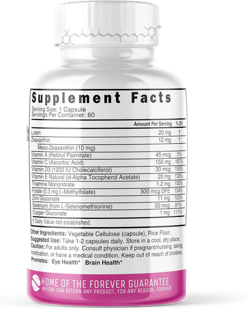 Nutri Lutein 20mg Eye Vitamins Complex - Triple Carotenoid Formula - Lutein and Zeaxanthin Supplements - Contains Zinc, Vitamins A,C,D3,E, Folate - 60 Capsules - Eye Health Supplements