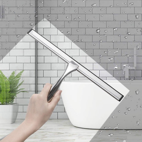 Simtive 14-Inch Shower Squeegee Set, Includes Hook and Adhesive Hook for Shower Doors, Mirror, Window, Silver