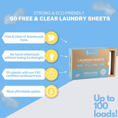 Free And Clear Eco-Friendly Unscented Laundry Detergent Sheets, Powerful Against Stains, Up To 100 Loads