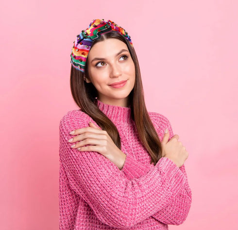 HEIDKRUEGER Knot Headband, Mexican Embroidered Fiesta Hair Accessories with Colorful Rhinestones