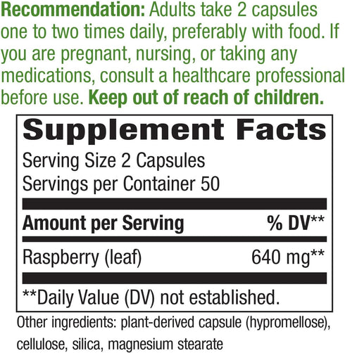 Nature's Way Raspberry Leaf - 640 mg per 2-capsule Serving - Traditional Support for Women's Health* - Herbal Supplement for Women - Gluten Free - 100 Vegan Capsules