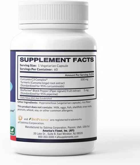 AFI Curcumin C3 Complex with BioPerine, 60 Veg caps Joint Health Support, antioxidant, Turmeric 95% curcuminoids, Black Pepper 95%, Enhanced Absorption, 500mg, Women and Men,
