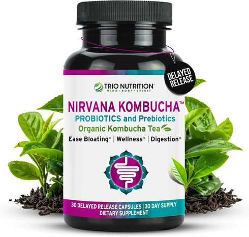 TRIO NUTRITION Nirvana Kombucha, Multi-Strain Probiotics & Prebiotic Blend with Organic Tea, Delayed-Release Capsules
