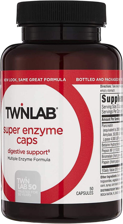 Twinlab Super Enzyme Caps - Constipation Supplement with Digestive Enzymes - 50 Capsules