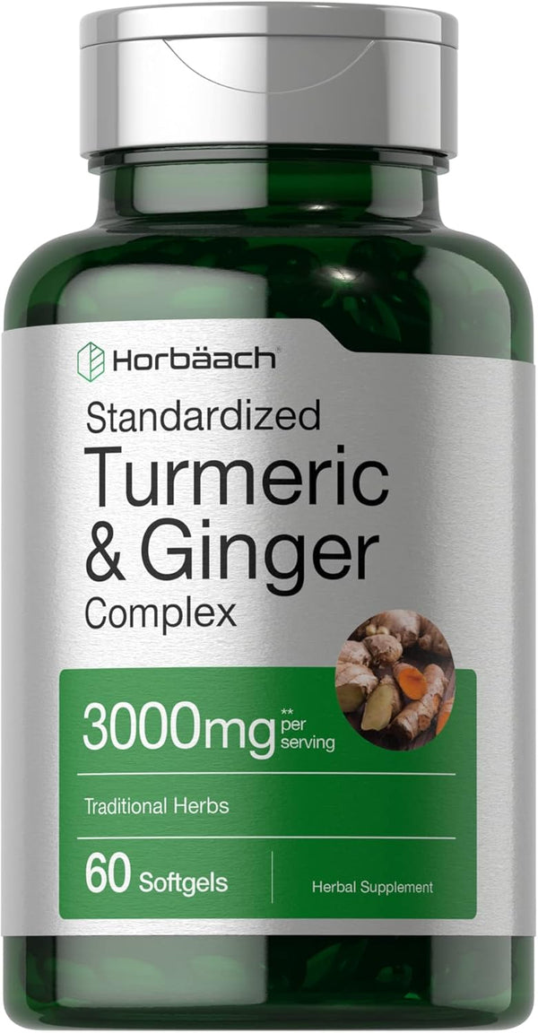 Horbaach Turmeric and Ginger Supplement 3000 mg | 60 Softgel Capsules with Black Pepper Extract, Non-GMO, Gluten Free