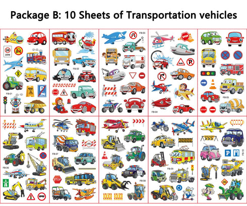 Monster Truck Temporary Tattoos, 180Pcs (20 sheets) for Kids Birthday Party Supplies, Various Vehicle Designs