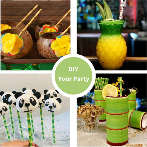Biodegradable Green Bamboo Printed Paper Drinking Straws - Pack of 100 Disposable Straws