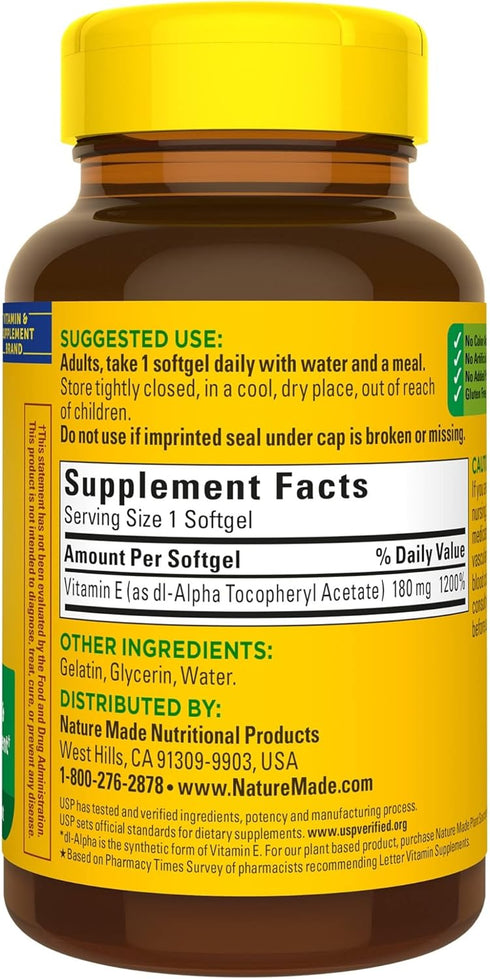 Nature's Way Vitamin E 180 mg (400 IU) - 180 Softgels for Antioxidant Support, 180 Day Supply