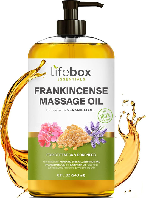 Frankincense Massage Oil - 100% Pure & Natural - 8 FL OZ for Soreness, Stiffness, Stretch Marks, Scars
