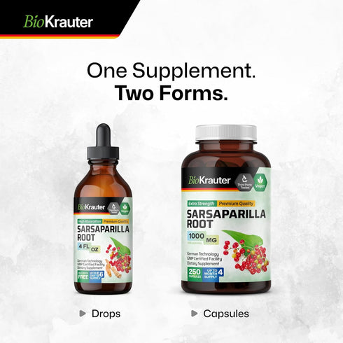 BIO KRAUTER Sarsaparilla Root Capsules, 1000 mg Strength, 250 Vegan Extract Caps, No Fillers