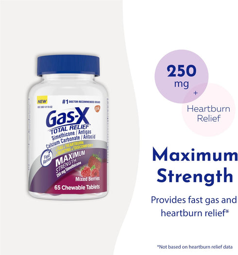Gas-X Total Relief Chewable Tablets, Maximum Strength Gas Relief Simethicone 250 mg, Bloating Relief, 65 Count