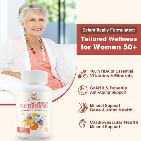 Liposomal Multivitamin for Women 50+ - Women Daily Multivitamin with 33 Ingredients, CoQ10, Vitamins C, B, D, E for Cardiovascular & Bone Health Support - 33-in-1 Multivitamin (60 Capsules)