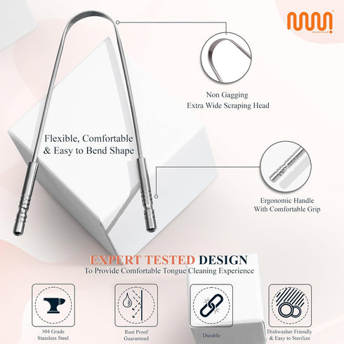 MasterMedi Tongue Scraper with Multicolor Cases (2 Pack), 100% Stainless Steel for Oral Care & Hygiene