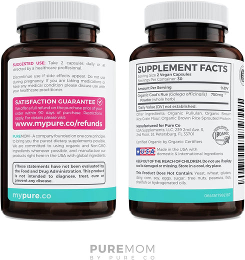 USDA Organic Goat's Rue 60 Vegan Capsules for Breastfeeding & Herbal Lactation Support, Non-GMO