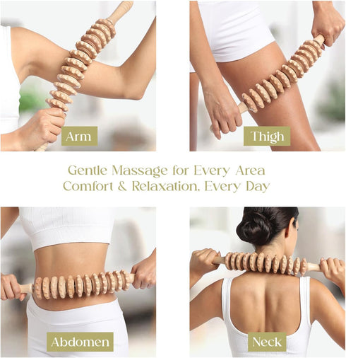 Wood Therapy Massage Tools - Neck Massager, Foam Roller, Back Scratcher, Lymphatic Drainage Curved Roller Stick, Back