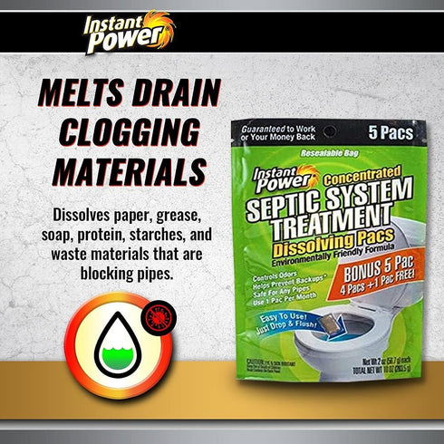 Instant Power Concentrated Septic System Treatment - Dissolving Pacs, Controls Odors, Safe on Pipes, 5 Pacs