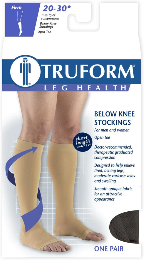 Truform Short Length 20-30 mmHg Compression Stockings, Open Toe, Black, Medium
