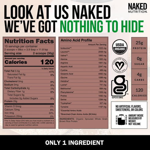 Naked Rice 1Lb Organic Brown Rice Protein Powder - Vegan, Gluten Free, Non-GMO, 15 Servings, No Artificial Ingredients