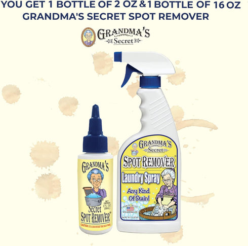 Grandma's Secret Spot Remover Laundry Spray - Chlorine-Free Fabric Stain Remover for Oil, Paint, Blood, 16 oz & 2 oz