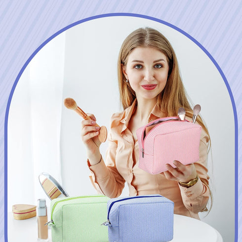 Sanwuta 3 Pack Seersucker Makeup Bag, Cute Stripe Cosmetic Pouch Gifts for Women and Girls (Pink, Blue, Green)