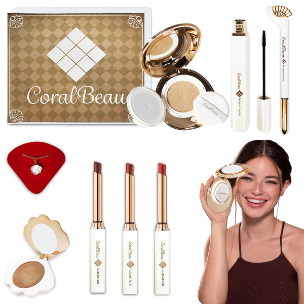 Shell Makeup Set - All in One Makeup Kit for Women with Compact BB Cream Powder, Eyeshadow Palette, Mascara, 3