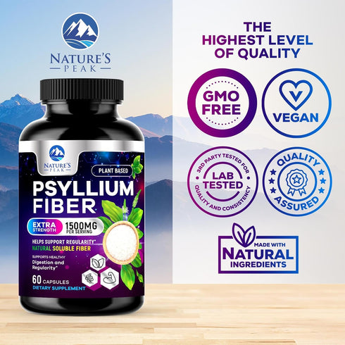 Psyllium Husk Powder Caps, 1500mg, Non-GMO Natural Soluble Fiber for Digestive Health, Vegan Supplement, 60 Capsules