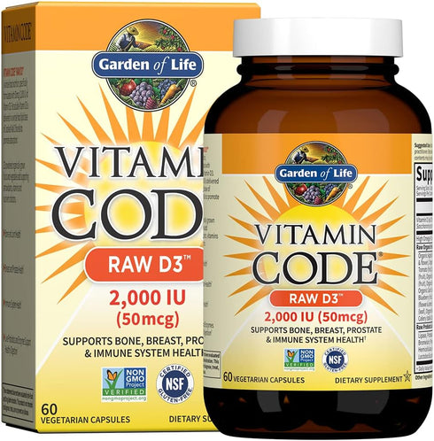 Garden of Life Vitamin D, Vitamin Code Raw D3, 2,000 IU, 60 Vegetarian Capsules for Bone & Immune Health