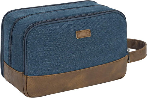WANDF Travel Toiletry Bag for Men - Leather and Canvas Dopp Kit, Small Bathroom Bag for Travel Accessories (Blue)