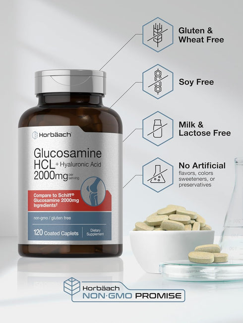 Horbaeach Glucosamine HCL with Hyaluronic Acid | 2000mg | 120 Coated Caplets | Non-GMO, Gluten Free