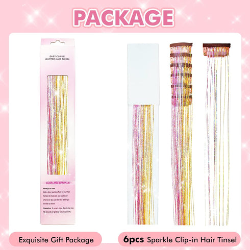 POROLIR Clip in Hair Tinsel Kit, 6Pcs 20 Inch Glitter Fairy Hair Extensions, Heat Resistant Sparkly Strands (Gold Pink)