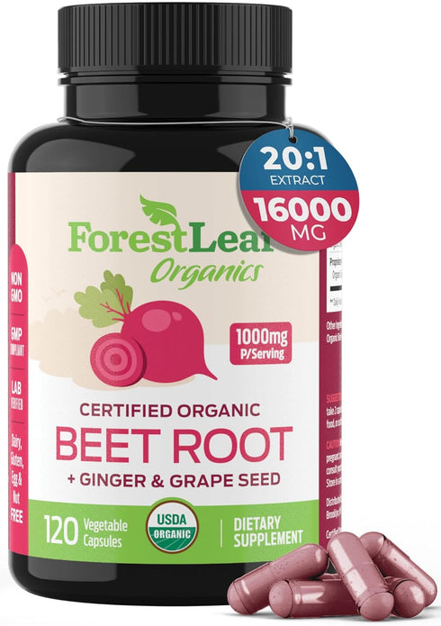 ForestLeaf Beet Root Capsules, 1000mg 20:1 Extract with Ginger and Grape Seed, Supports Blood Flow and Energy (120