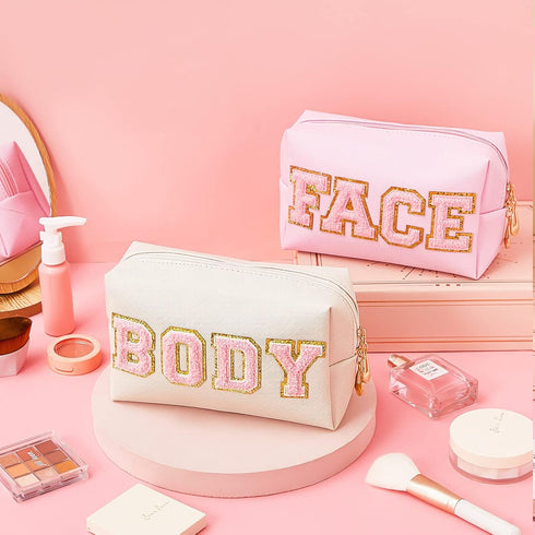 Patelai 2 Pcs Preppy Makeup Bags, Chenille Letter Patch Bag Face Skin Hair Stuff Aesthetic Travel Organizer