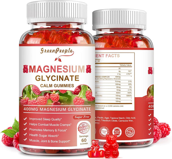 Magnesium Glycinate Gummies 400mg, Sugar Free Magnesium Potassium Supplement with Vitamin D, B6 & CoQ10 for Calm