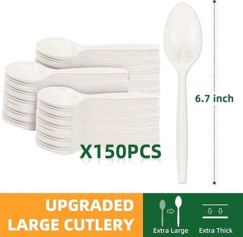 100% Compostable Disposable Spoons, 6.7" 150pcs Heavy Duty Utensils Eco-Friendly Cornstarch Cutlery Durable and BPI-Certified Party Supplies No Plastic, Ivory White by FEHHTO