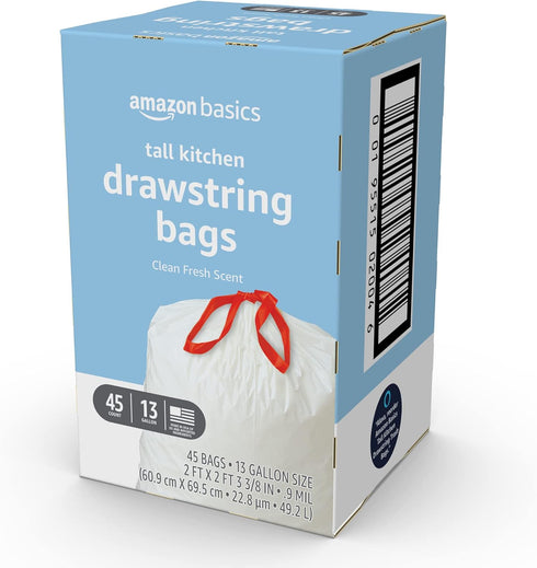 Amazon Basics Tall Kitchen Drawstring Trash Bags, Clean Fresh Scent, 13 Gallon, 45 Count, Pack of 1