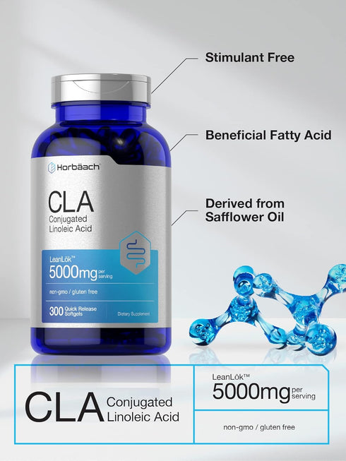 Horbaach CLA Supplement | 300 Softgel Pills | Maximum Potency | Conjugated Linoleic Acid from Safflower Oil | Non-GMO,