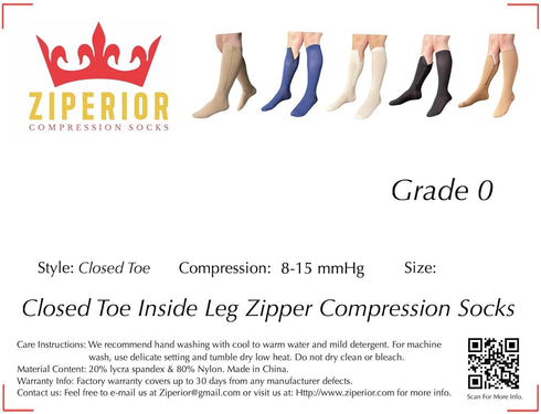 Ziperior 8-15 mmHg 0 Compression Grade Calf Inside Leg Zipper Closed Toe Socks (Beige, Large-X-Large)
