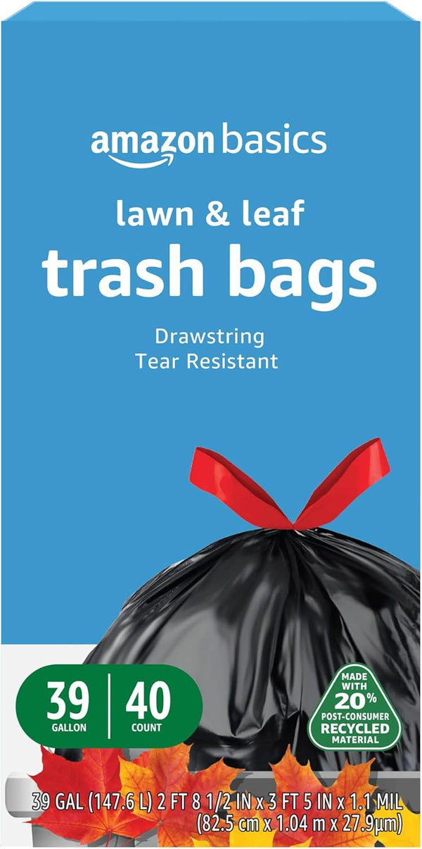 Amazon Basics Lawn & Leaf Drawstring Trash Bags, 39 Gallon, 40 Count, 20% Post Consumer Recycled Content