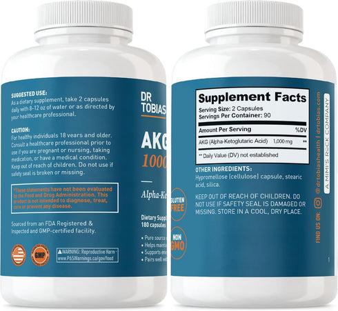 Dr. Tobias AKG Supplement 1000mg, Bioavailable Alpha Ketoglutaric Acid, 180 Capsules, Vegan, Gluten-Free
