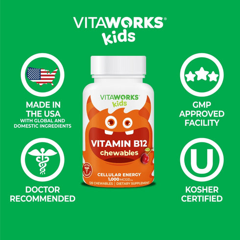 Kids Vitamin B12 1000 mcg Chewable Tablets, 120 Chewables | Tasty Natural Cherry Flavor, Vegan, Gluten Free