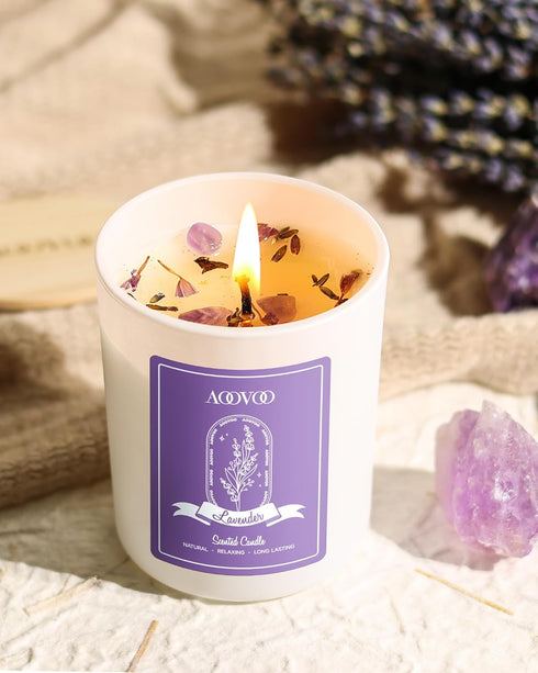 Set 2 Pack 14oz AOOVOO Lavender Scented Candle - Aromatherapy Candle with Crystals Inside, Soy Candles for Home